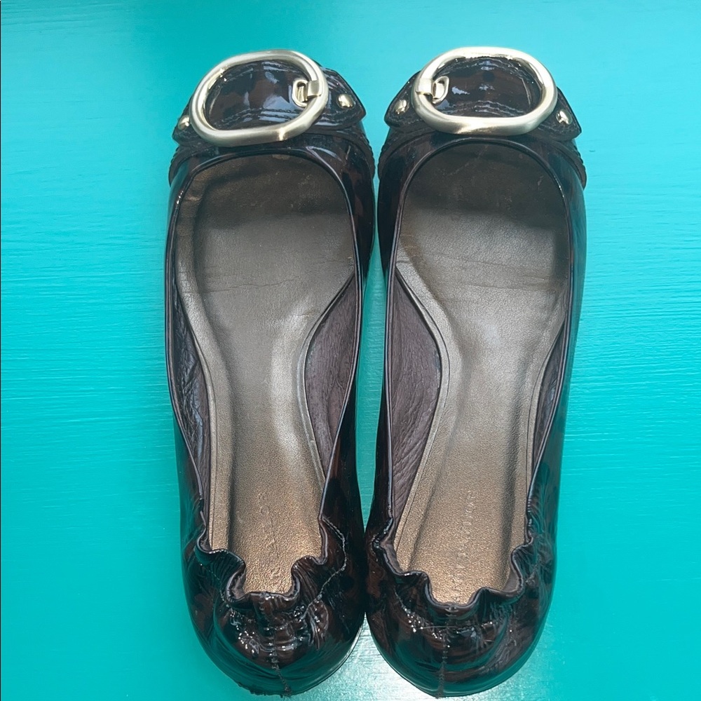 Ann Taylor Leopard Patent Leather Ballet Flats. Statement gold buckle Size 7.5